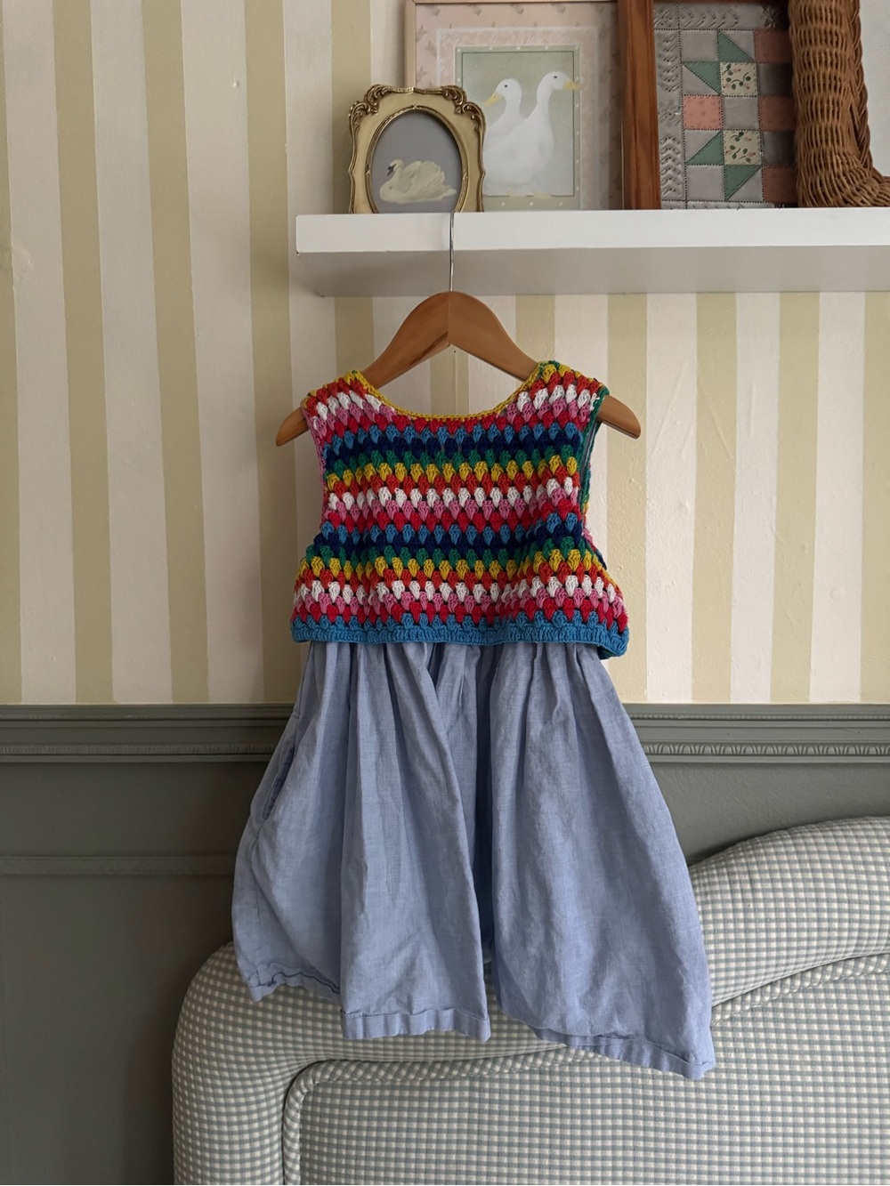 Mini Boden Multicolor Crochet Bodice Dress with Light Blue Skirt